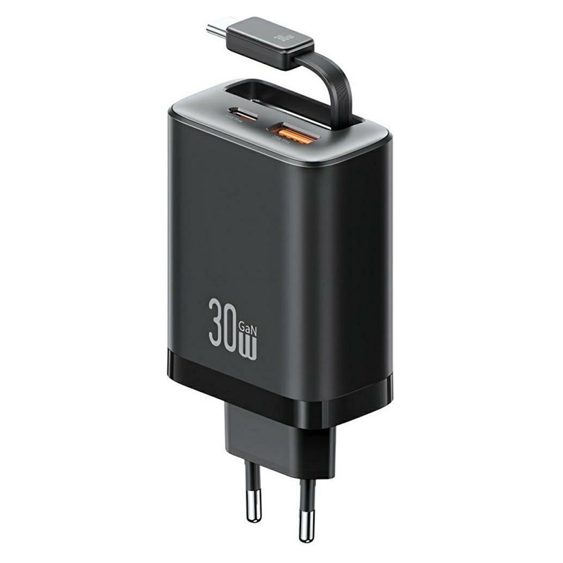 USAMS φορτιστής τοίχου CC296 με καλώδιο, USB & USB-C, 30W, μαύρος