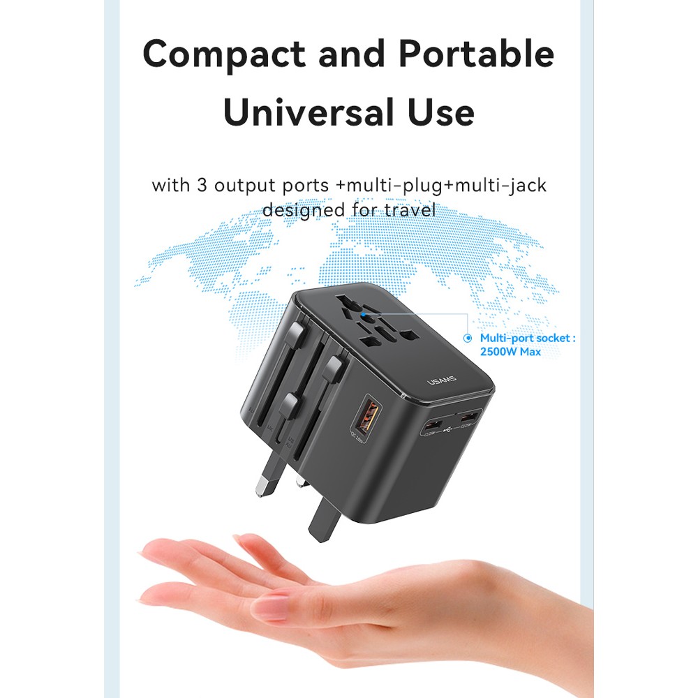 USAMS φορτιστής/αντάπτορας πρίζας CC309, USB & 2x USB-C, universal, 25W, μαύρος