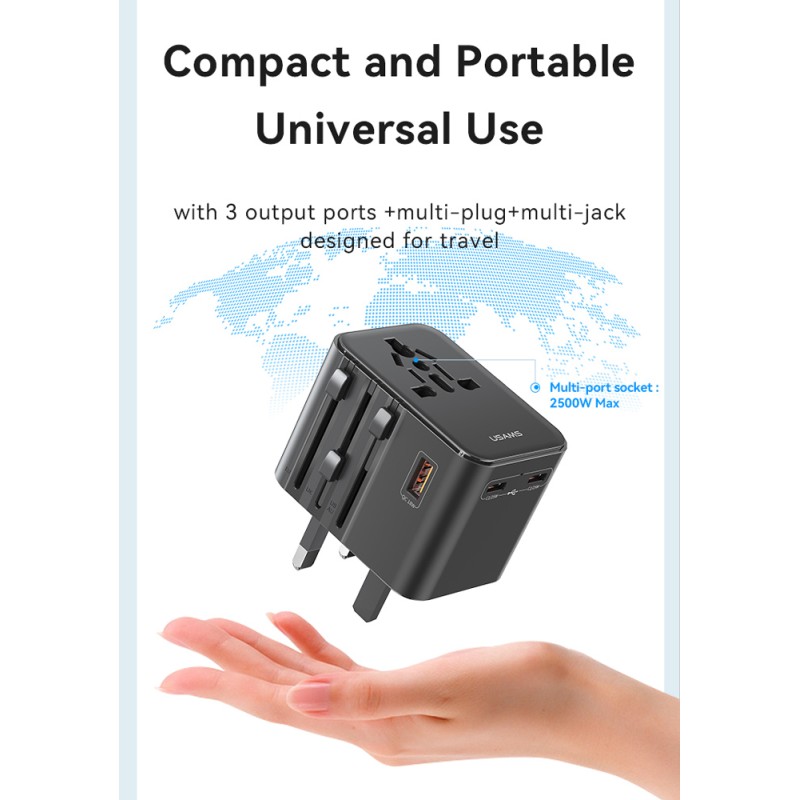 USAMS φορτιστής/αντάπτορας πρίζας CC309, USB & 2x USB-C, universal, 25W, μαύρος