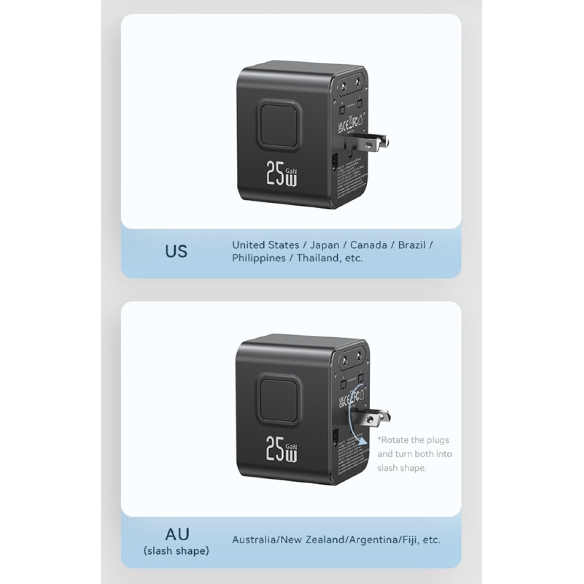 USAMS φορτιστής/αντάπτορας πρίζας CC309, USB & 2x USB-C, universal, 25W, μαύρος