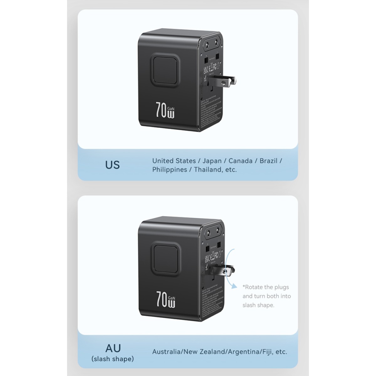 USAMS φορτιστής/αντάπτορας πρίζας CC310, 2x USB & 3x USB-C, universal, 70W, μαύρος