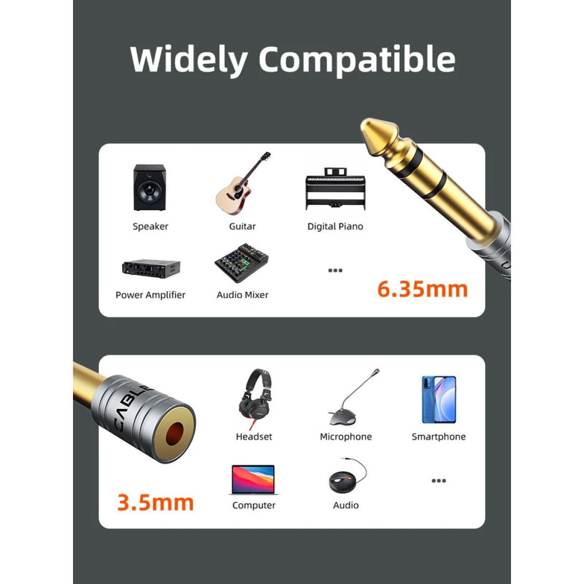 CABLETIME αντάπτορας ήχου 6.3mm σε 3.5mm CT-6M3F-AG, gold plated, γκρι