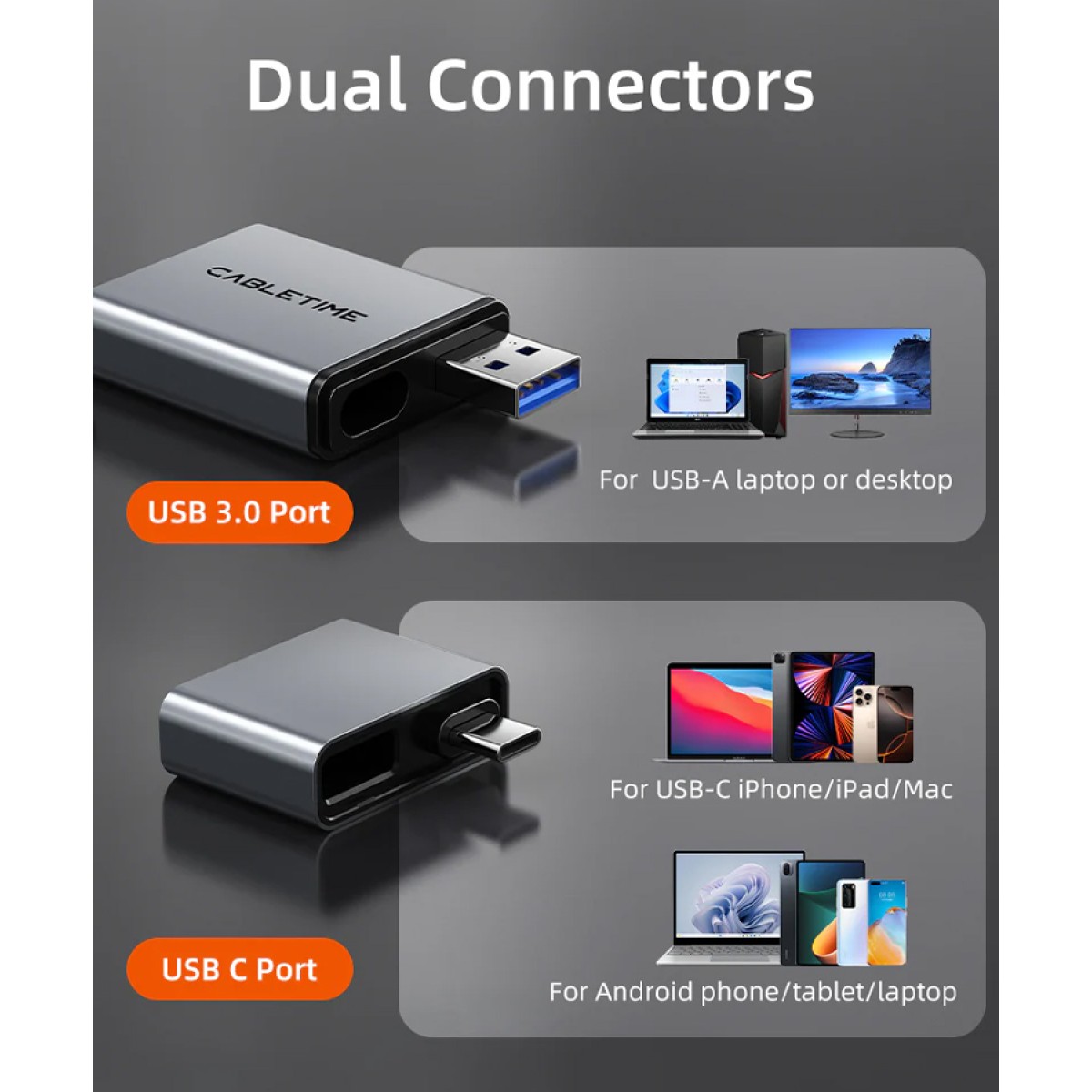 CABLETIME card reader CT-ACCD3-AG για SD & micro SD, USB 3.0, 5Gbps, γκρι