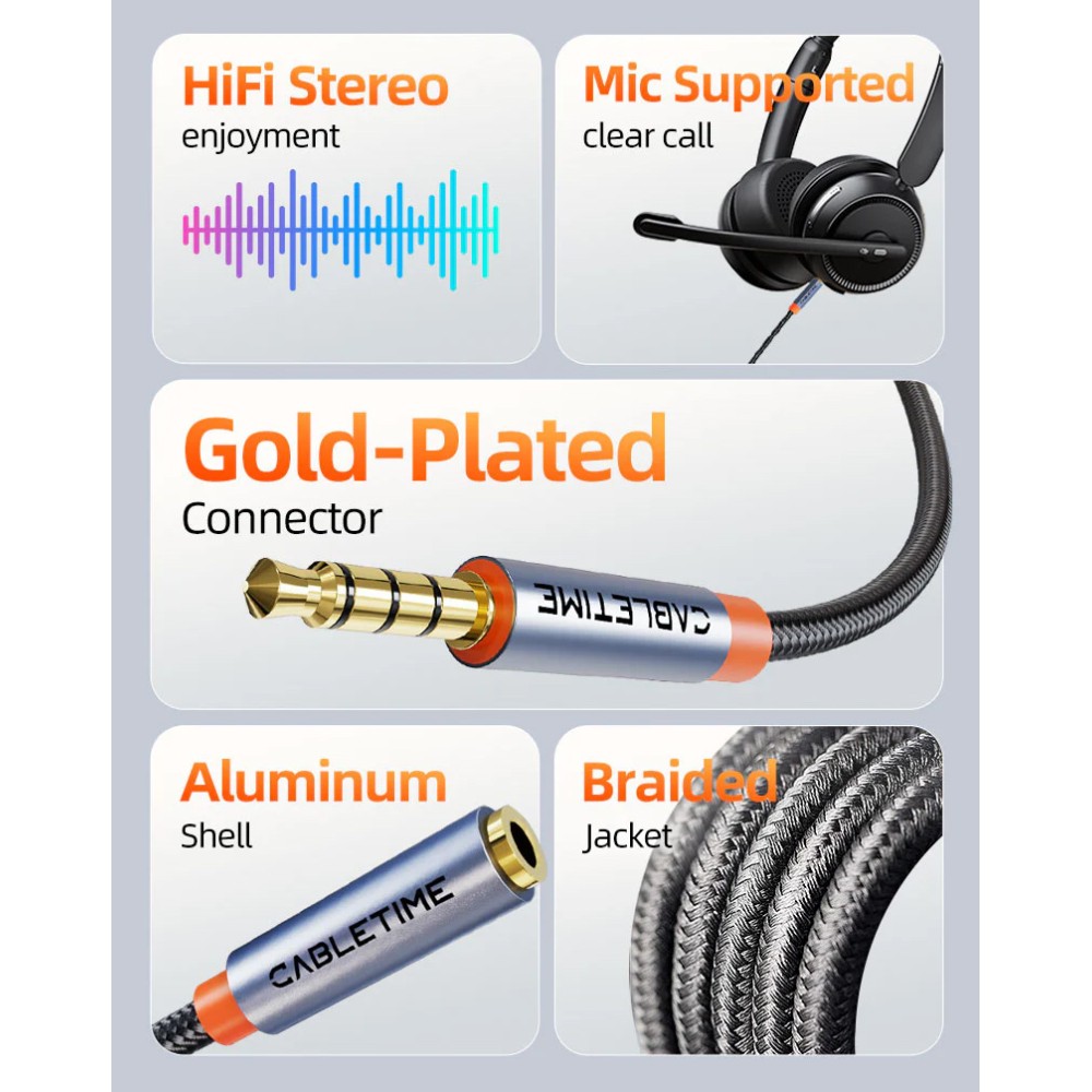CABLETIME καλώδιο προέκτασης ήχου 3.5mm CT-AE35M, gold plated, 3m, μαύρο