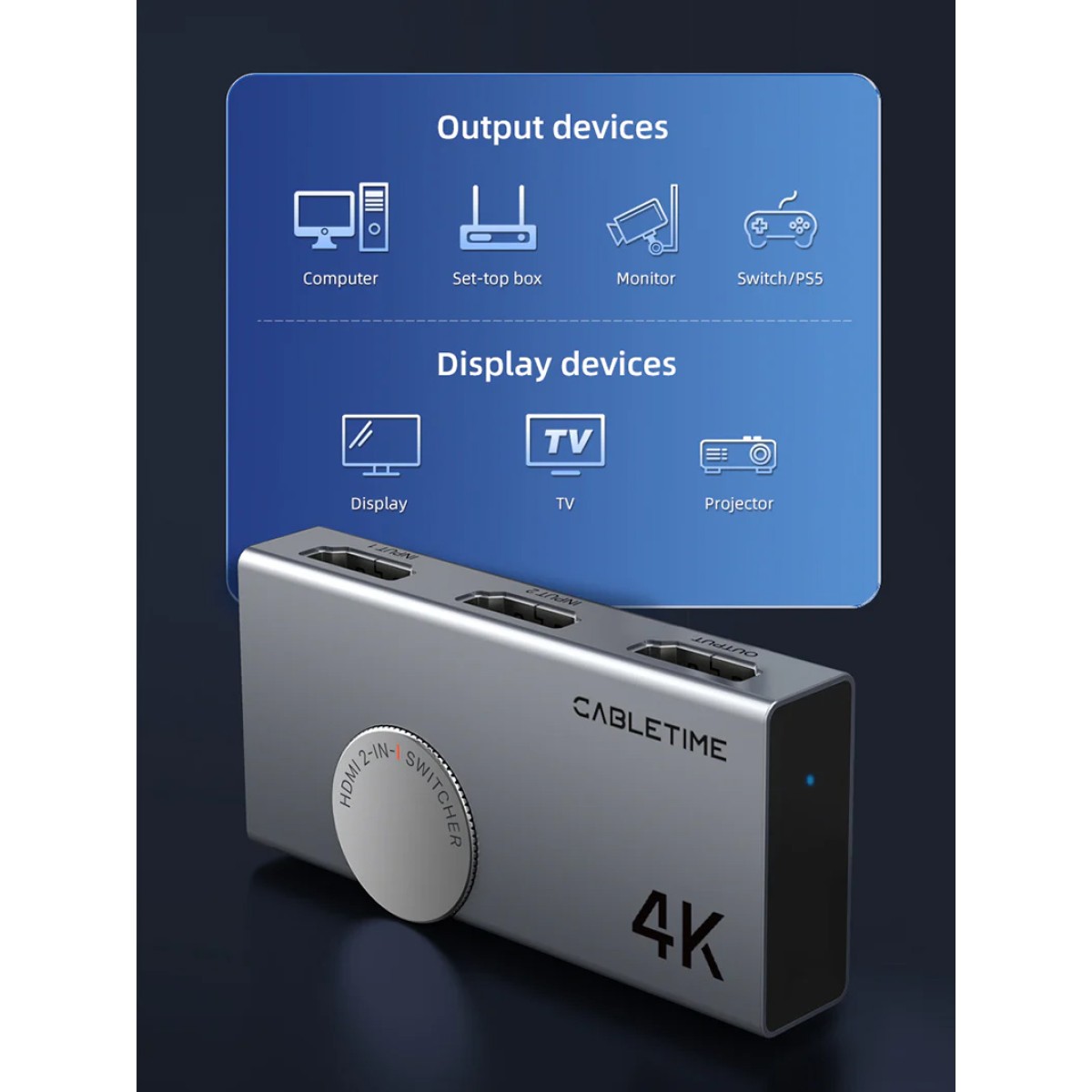 CABLETIME HDMI switch CT-HS4K2-AG, 2 σε 1, 4K/60Hz, bi-directional, γκρι