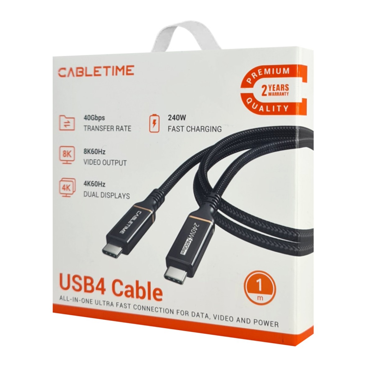 CABLETIME καλώδιο USB-C σε USB-C CT-USB4, 240W, 40Gbps, 8K/60Hz, USB4, 1m, μαύρο