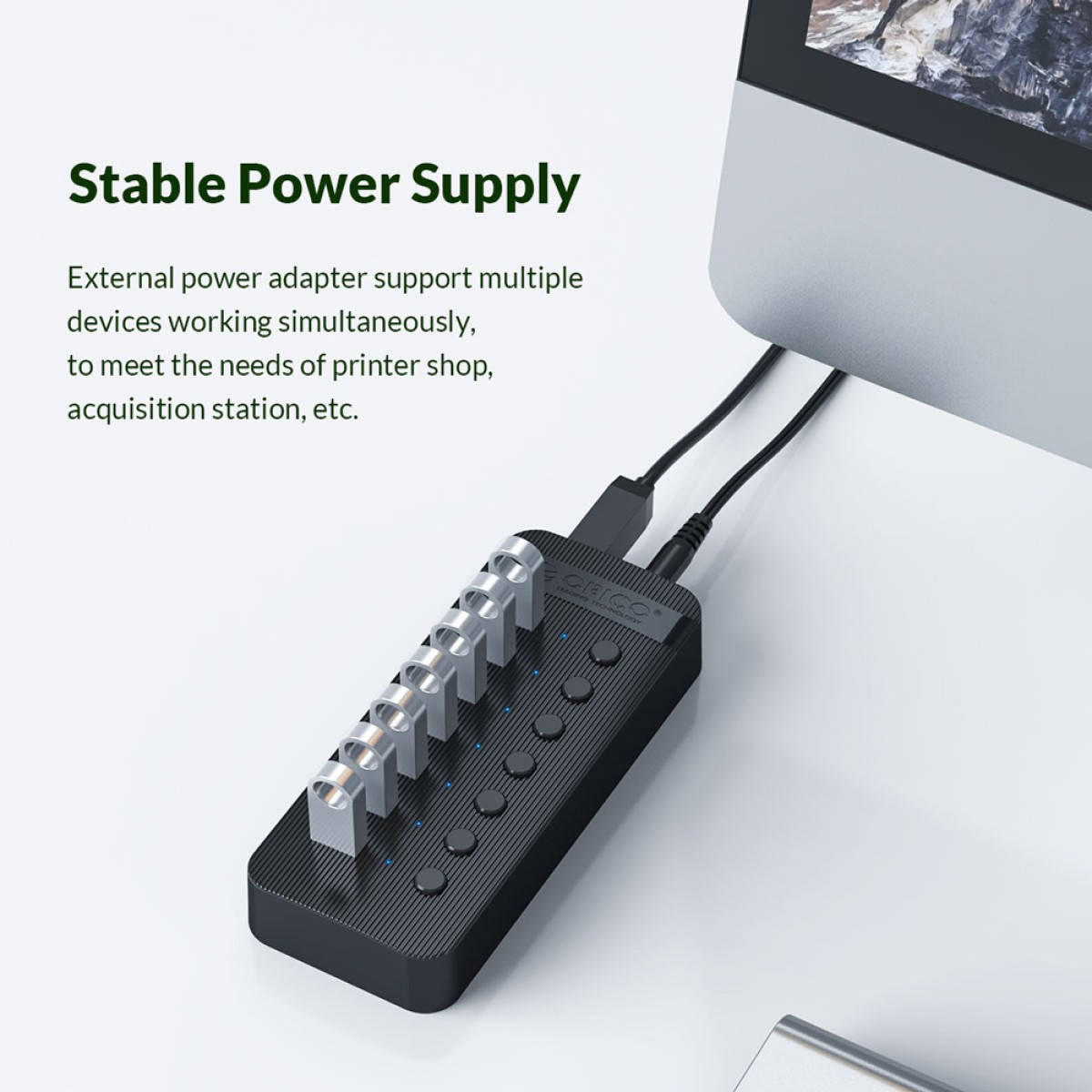 ORICO USB hub CT2U3-7AB με διακόπτες, 7x θυρών, USB 3.0, 5Gbps, USB σύνδεση, μαύρο