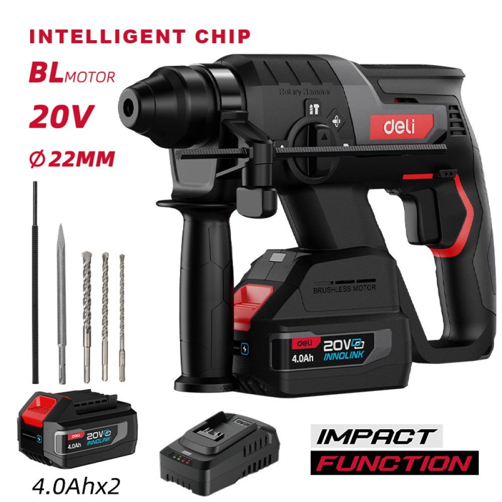 DELI κρουστικό σκαπτικό μπαταρίας DE-DC20-2D4, Brushless, 20V, 2x 4Ah, 2J