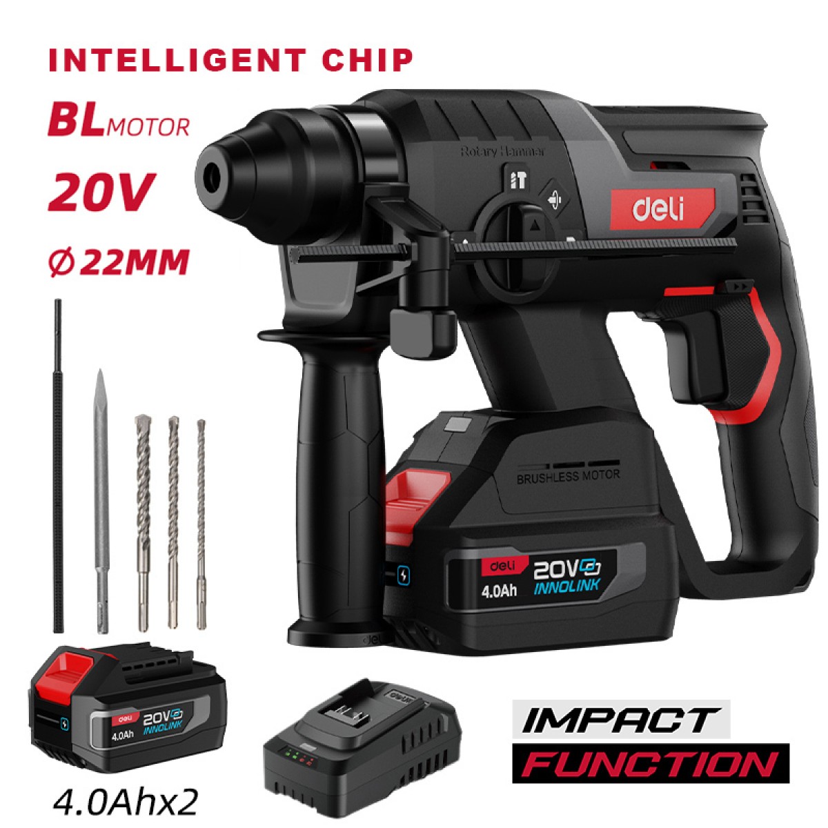 DELI κρουστικό σκαπτικό μπαταρίας DE-DC20-2D4, Brushless, 20V, 2x 4Ah, 2J
