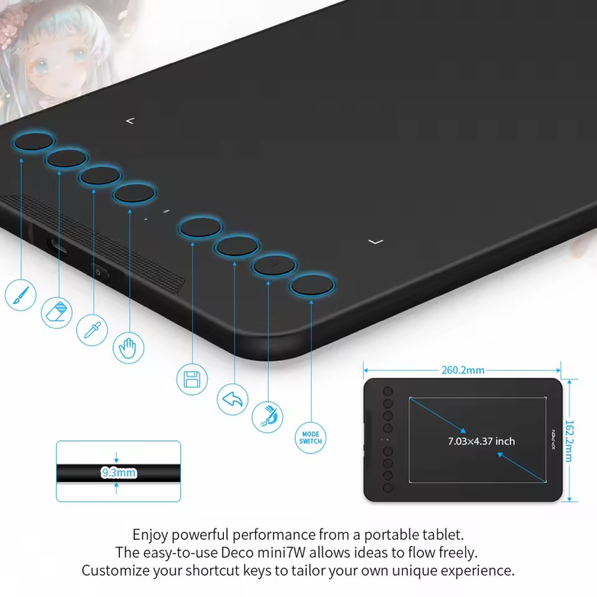 XP-PEN ταμπλέτα σχεδίασης με γραφίδα Deco Mini 7W, ασύρματη σύνδεση, 177.8x111.1mm, μαύρο