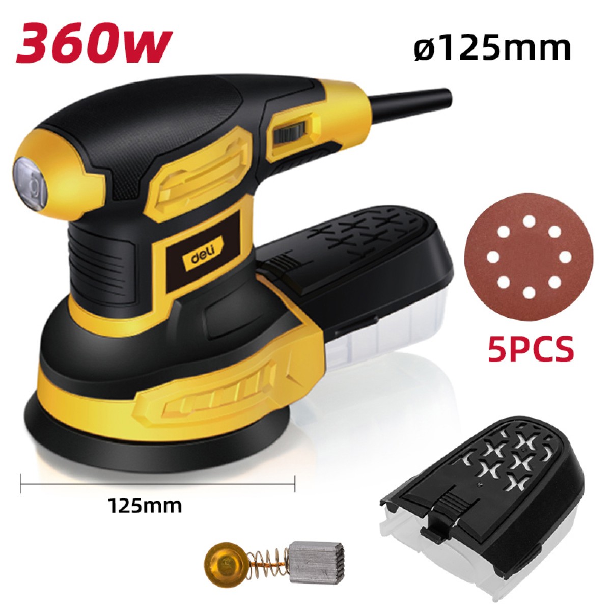 DELI έκκεντρο τριβείο DL-SG125-E3, 360W, Φ125mm, ρυθμιζόμενη ταχύτητα & συλλέκτη