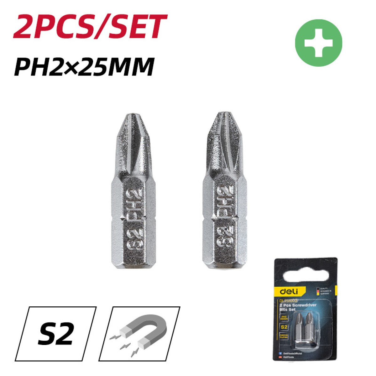 DELI σετ μύτες κατσαβιδιού DL251002, μαγνητικές, PH2x25mm, 2τμχ