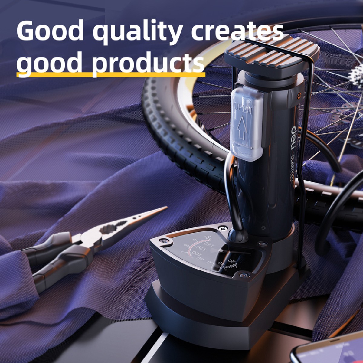 DELI τρόμπα ποδιού DL880003 με μανόμετρο, 140PSI, μαύρη