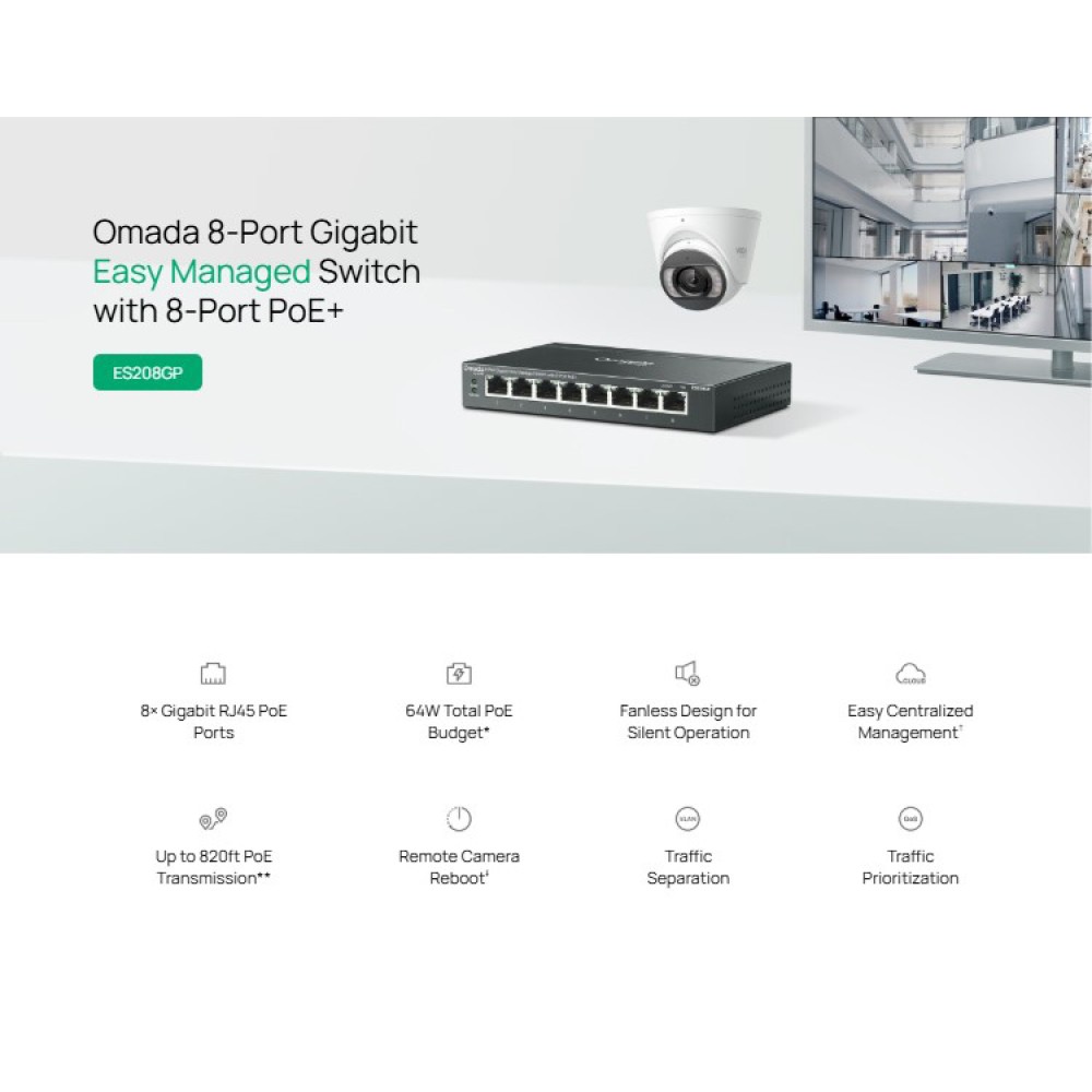 TP-LINK easy managed switch ES208GP, 8x Gigabit θύρες, PoE+, V1.0