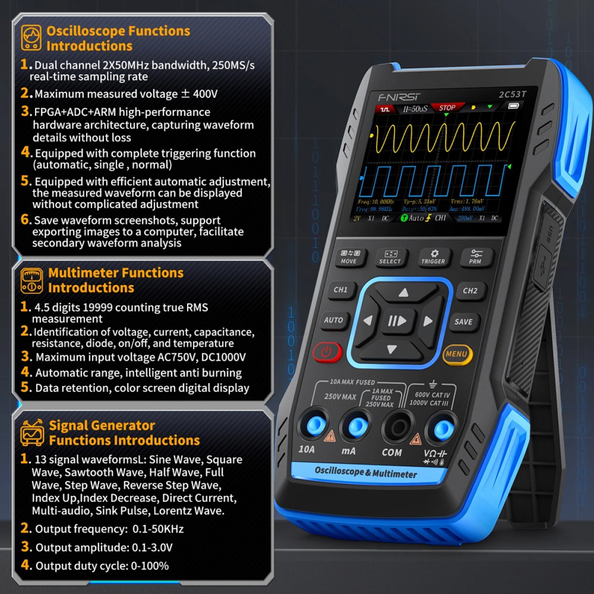 FNIRSI 3 σε 1 παλμογράφος/πολύμετρο/signal generator χειρός 2C53T, επαναφορτιζόμενο