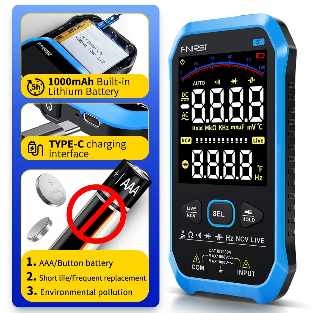 FNIRSI ψηφιακό πολύμετρο S1, 1000V AC/DC, NCV, RMS, επαναφορτιζόμενο