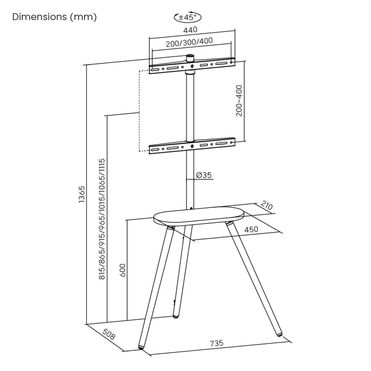 BRATECK βάση τηλεόρασης δαπέδου FS28-44F-04, 43-65", έως 35kg, με ράφι