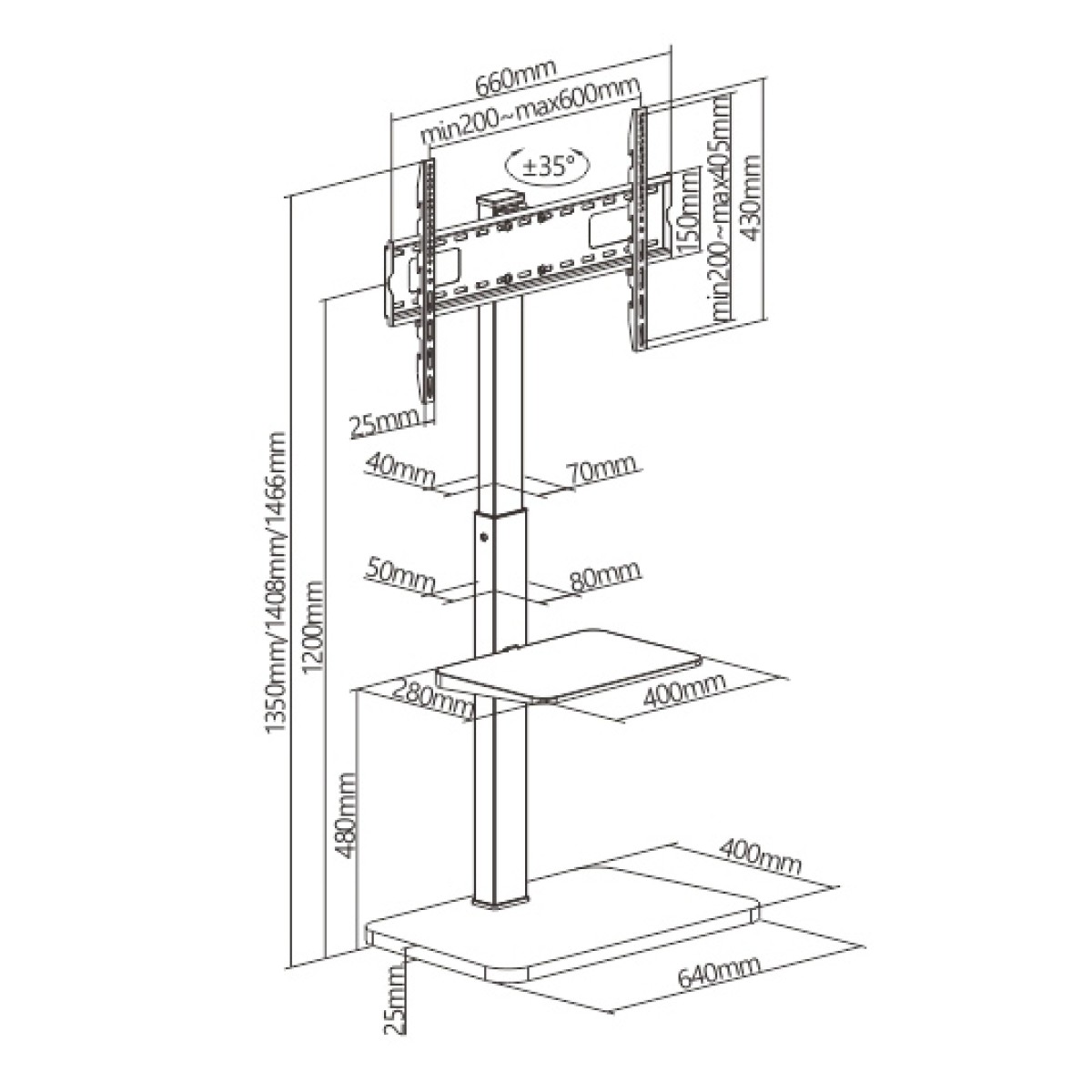 BRATECK βάση τηλεόρασης δαπέδου FS32-46, 37-75", έως 40kg, με ράφι