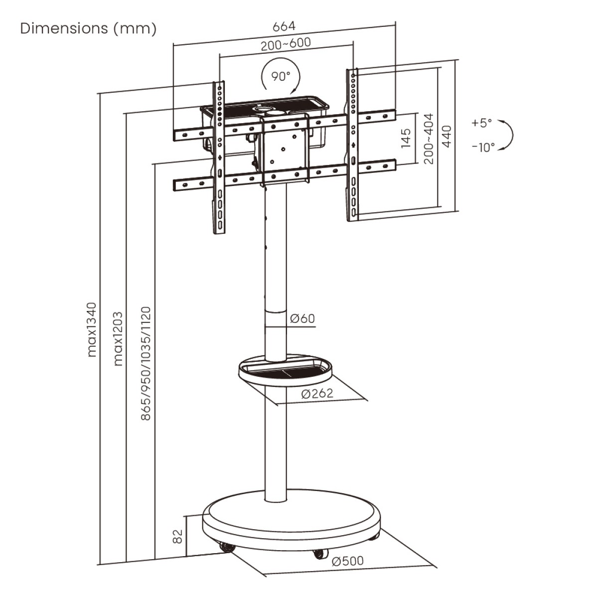 BRATECK βάση τηλεόρασης δαπέδου FS38-46TWE, 37-86", έως 50kg, με ράφι & cable management, ροδάκια, μαύρη