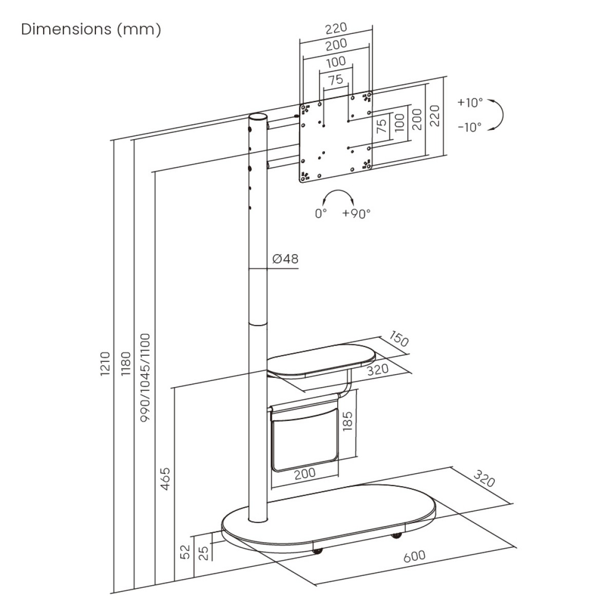 BRATECK βάση τηλεόρασης δαπέδου FS54-22T-02W, 17-43", έως 15kg, με ράφι & ροδάκια, μαύρη