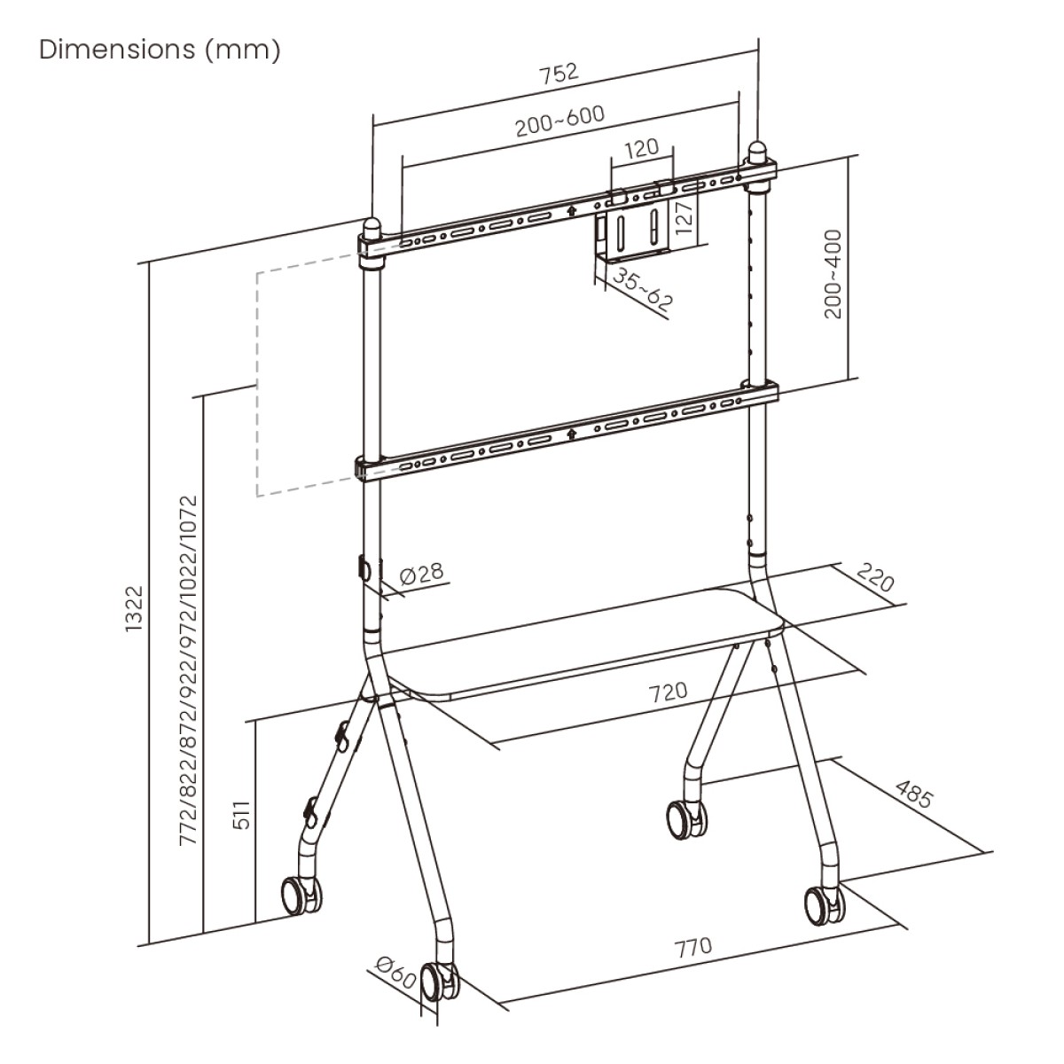 BRATECK βάση τηλεόρασης δαπέδου FS66-46F-01, 37-86", έως 80kg, με ράφι & ροδάκια