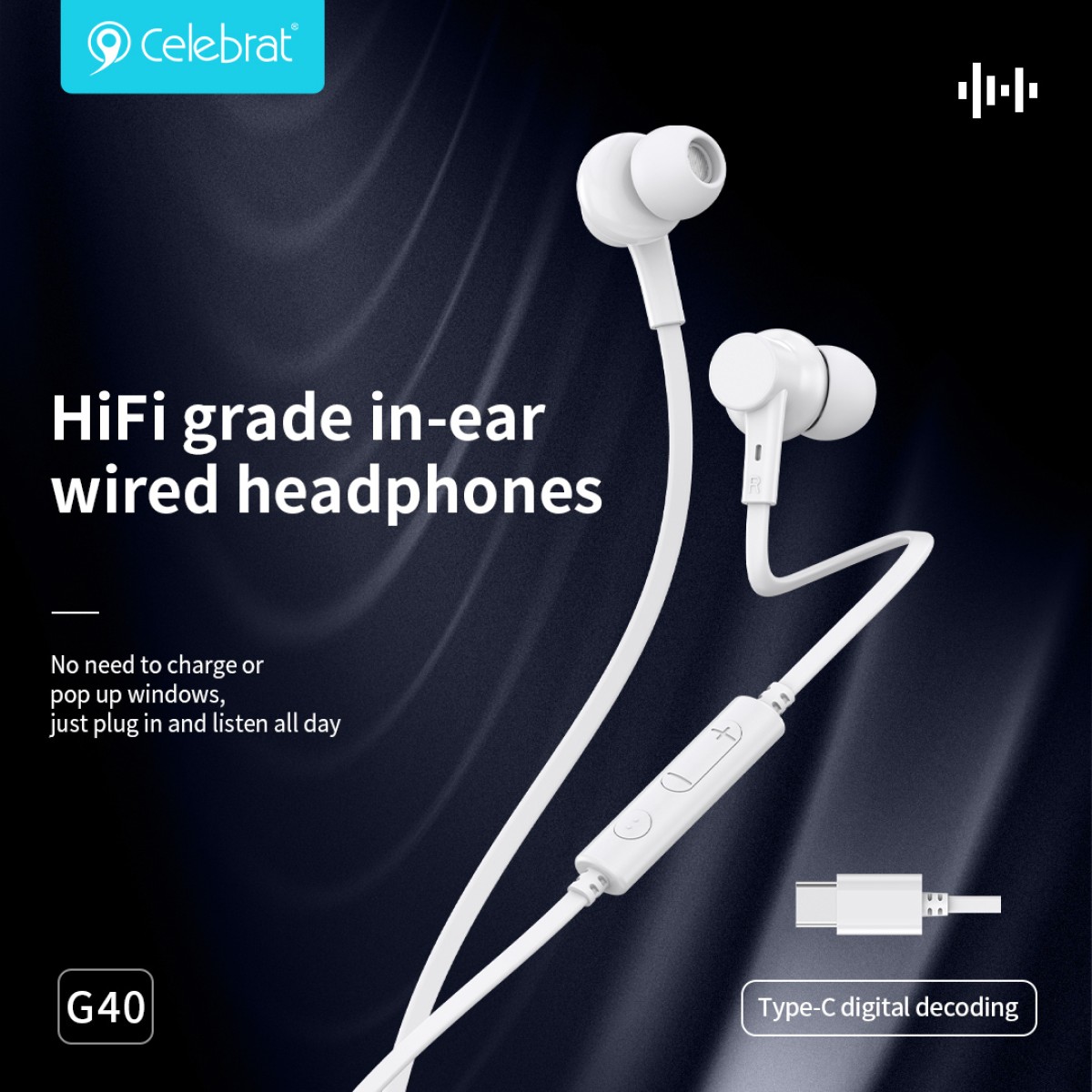 CELEBRAT earphones με μικρόφωνο G40, USB-C σύνδεση, 10mm, 1.2m, μαύρα