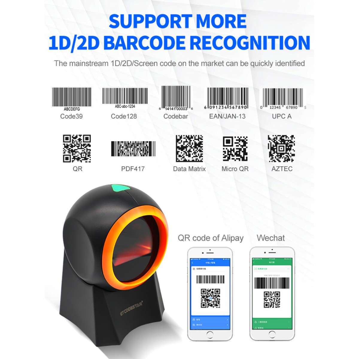 GTCODESTAR επιτραπέζιο barcode scanner GT-8800F, 1D & 2D, ενσύρματο, μαύρο