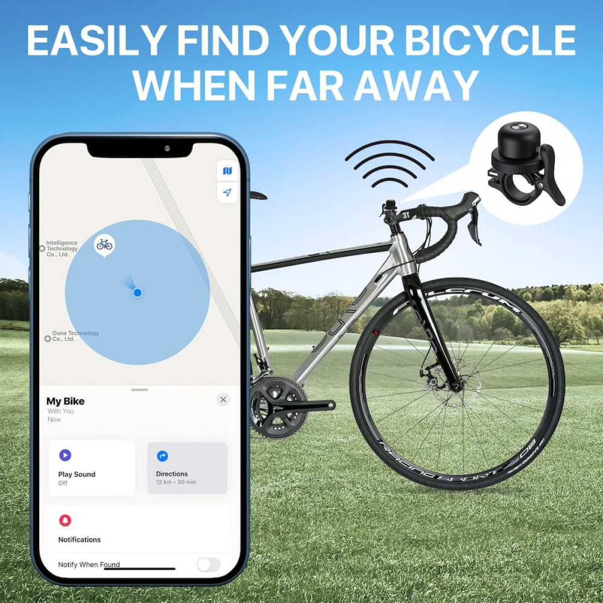 MILI κουδούνι ποδηλάτου με smart tag MiTag Duo, iOS & Android, Bluetooth tracker, μαύρο/λευκό