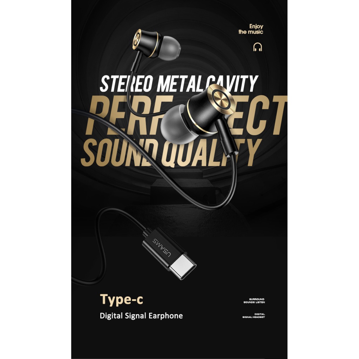 USAMS earphones με μικρόφωνο US-SJ482, Type-C, 10mm, 1.2m, μαύρα