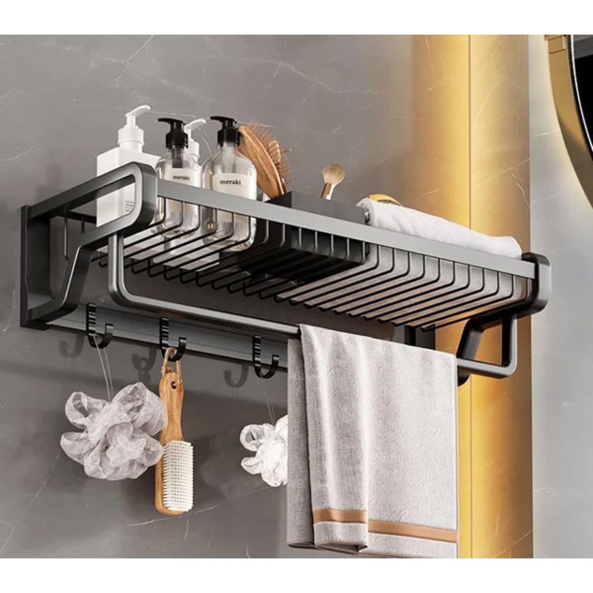 HOME USE κρεμάστρα μπάνιου HUH-0164 με ράφι, μεταλλική 57x22x13cm, μαύρη