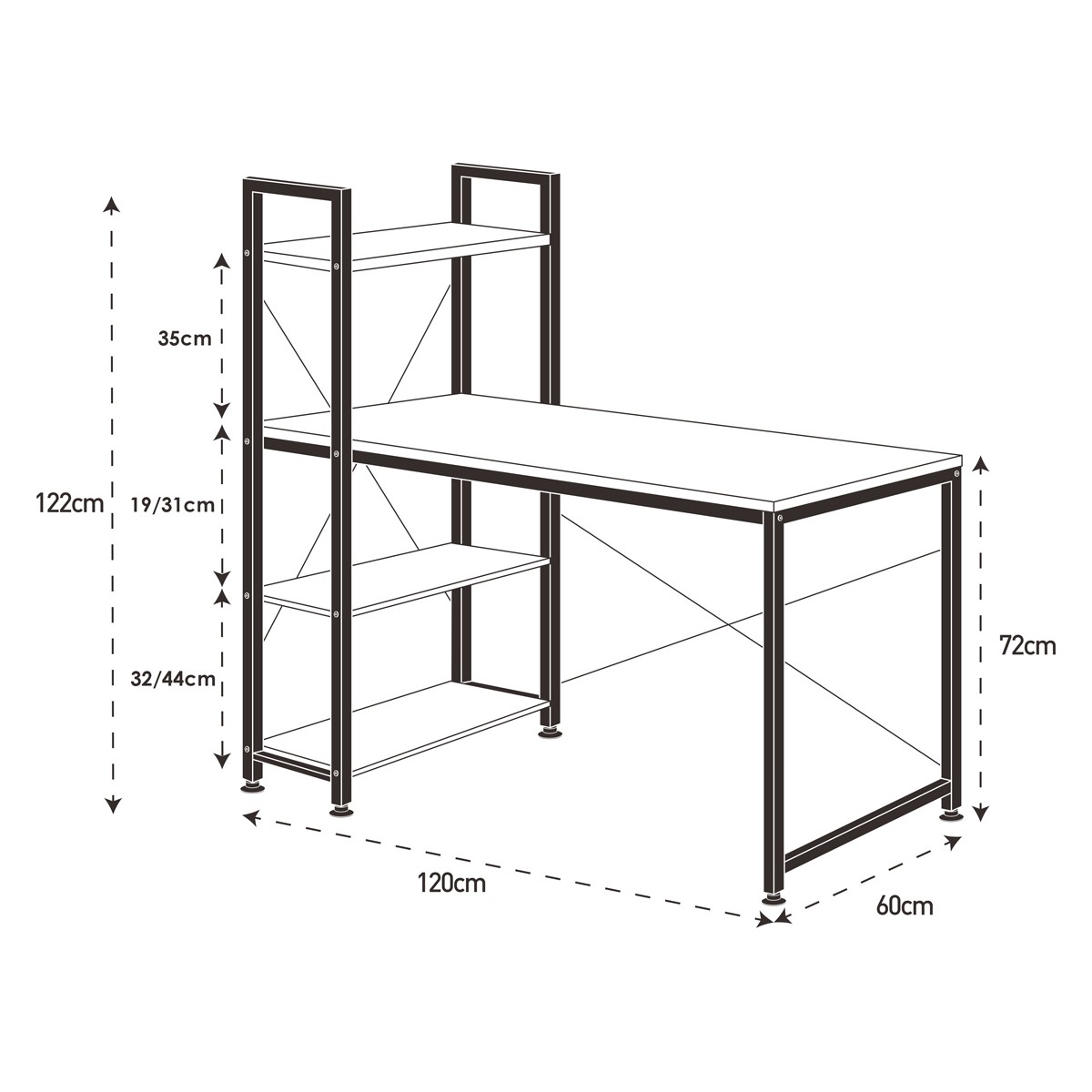 HOME USE γραφείο HUH-0249 με ραφιέρα, 120x60x122cm, καφέ/μαύρο