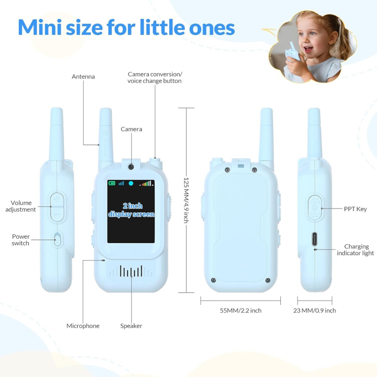 MAFITI παιδικά walkie talkie JK200 με οθόνη & κάμερα, 3+ ετών, επαναφορτιζόμενα, μπλε, 2τμχ