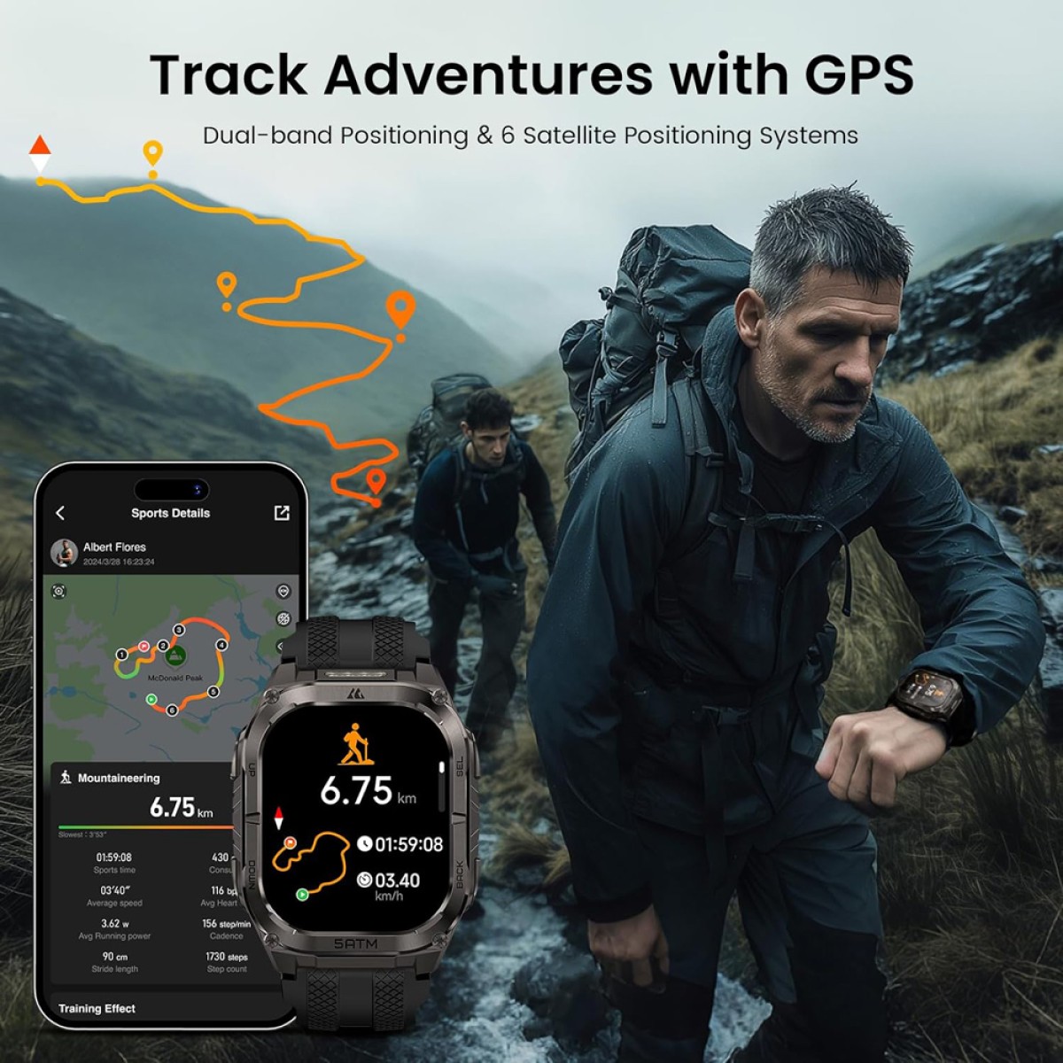 KOSPET smartwatch TANK M4C, heart rate, 1.96" AMOLED, GPS, 5 ATM & IP69K, με φακό, μαύρο