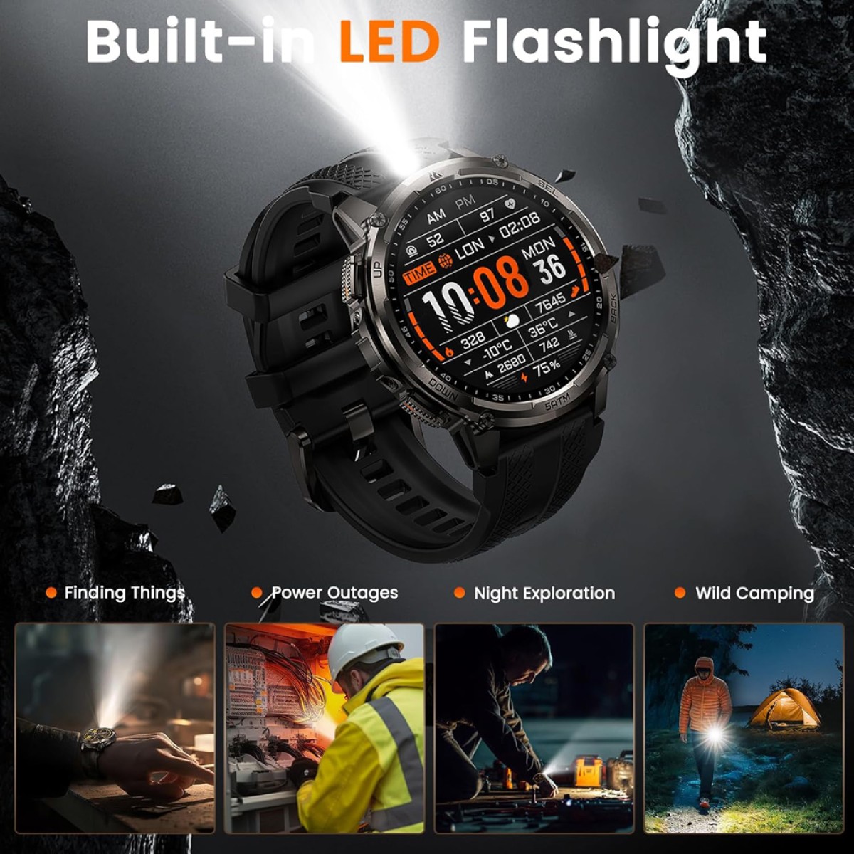 KOSPET smartwatch TANK T4C, heart rate, 1.5" AMOLED, GPS, 5 ATM & IP69K, με φακό, μαύρο