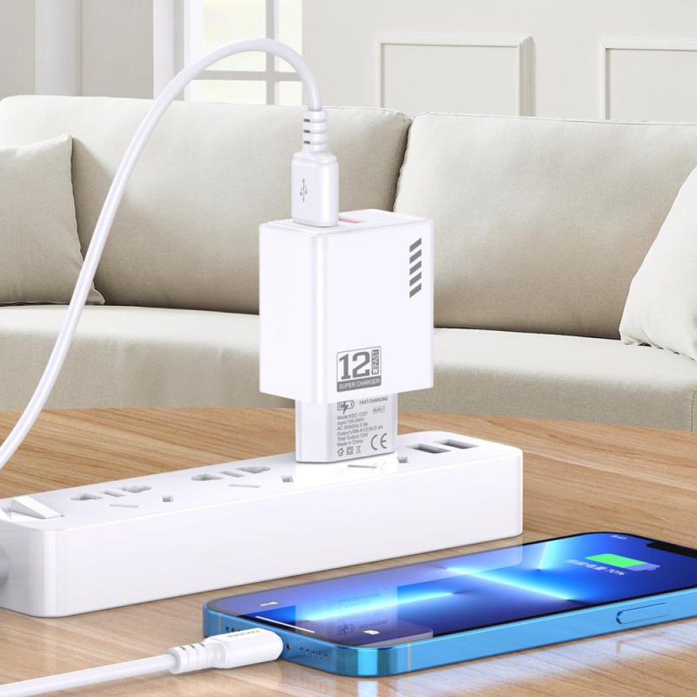 KAKUSIGA φορτιστής τοίχου KSC-1238 με καλώδιο Lightning, 2x USB, 12W, λευκός