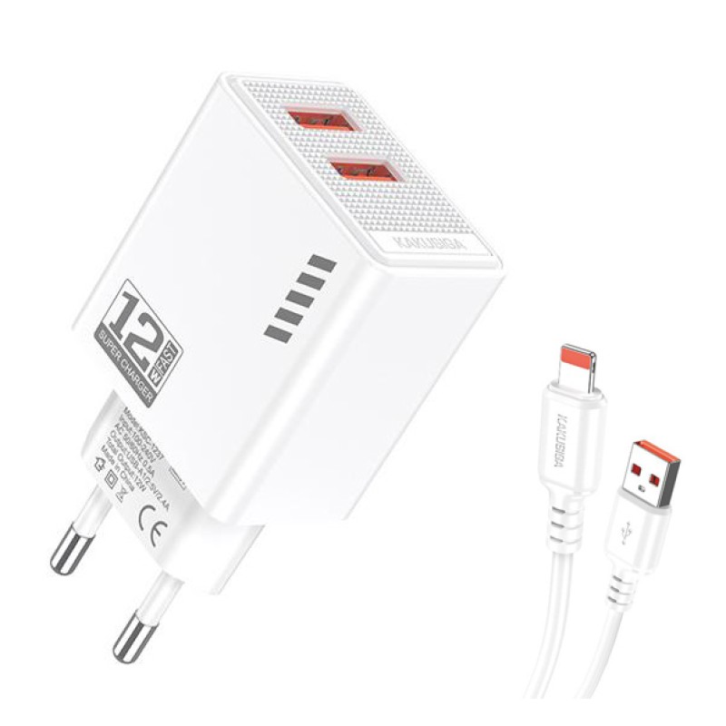 KAKUSIGA φορτιστής τοίχου KSC-1238 με καλώδιο Lightning, 2x USB, 12W, λευκός