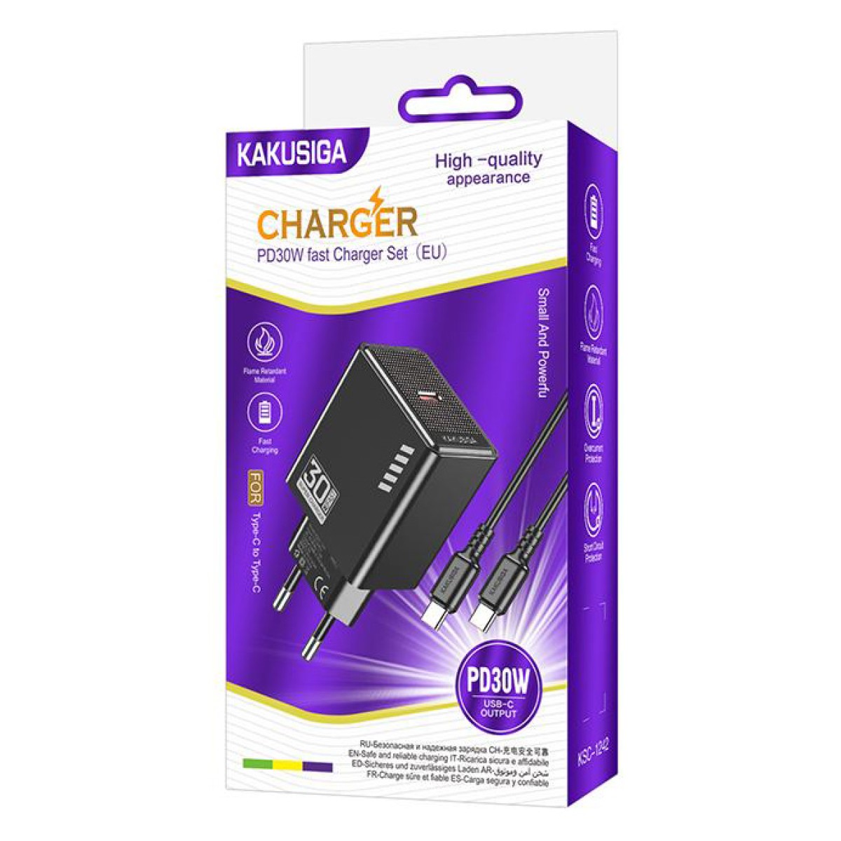 KAKUSIGA φορτιστής τοίχου KSC-1242 με καλώδιο USB-C, USB-C, 30W, μαύρος