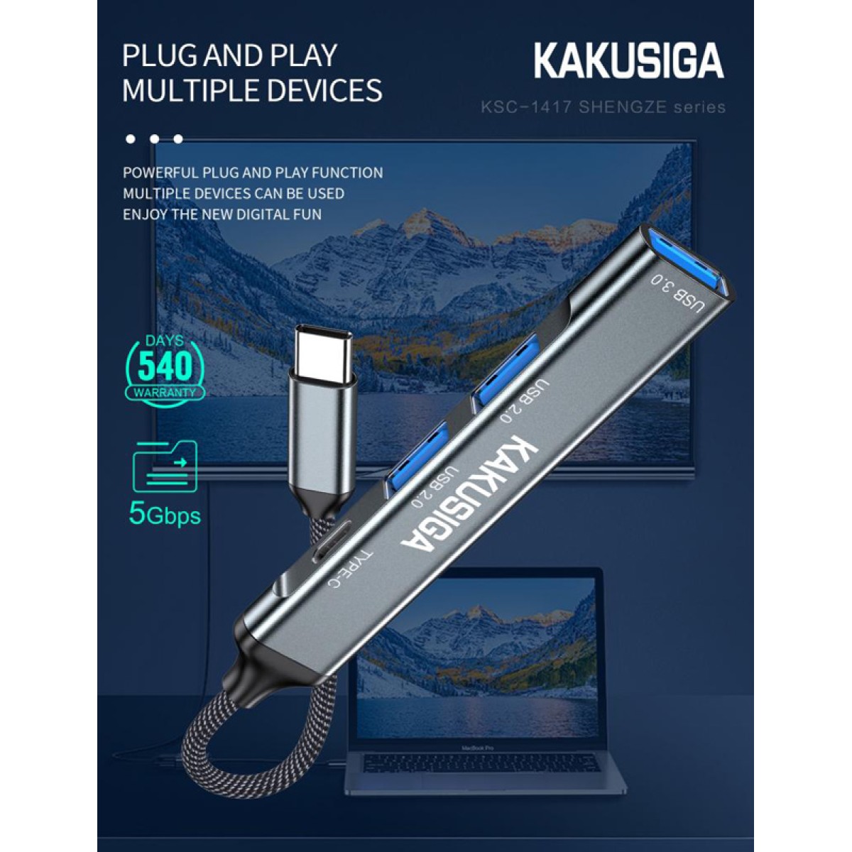 KAKUSIGA USB hub KSC-1417, 4x θυρών, USB 3.0, 5Gbps, USB-C σύνδεση, γκρι