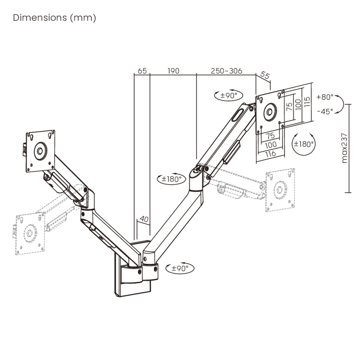 BRATECK επιτοίχια βάση για 2x οθόνες LDA113-114, 17-32", έως 9kg