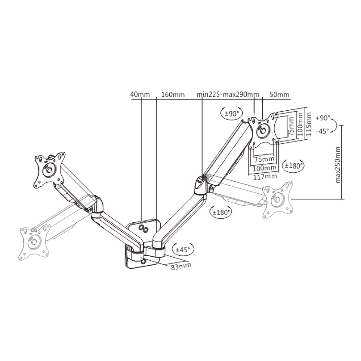 BRATECK επιτοίχια βάση για 2x οθόνες LDA32-114, 17-32", έως 9kg