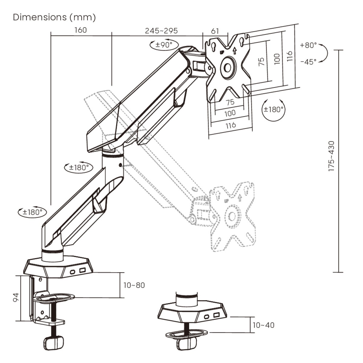 BRATECK βάση γραφείου οθόνης LDT114-C012, 17-40", έως 12kg