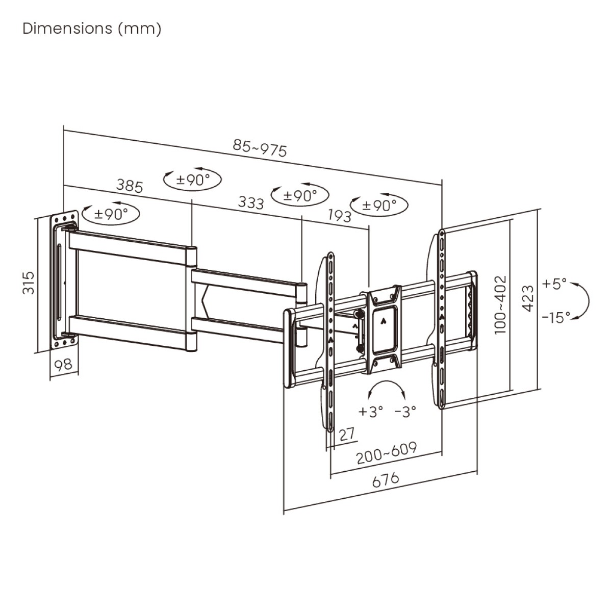 BRATECK επιτοίχια βάση τηλεόρασης LPA95-465XL, 37-86", έως 50kg, full motion