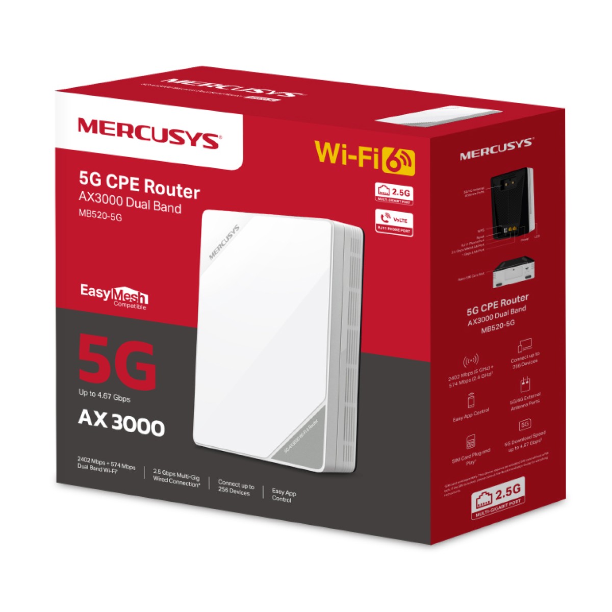 MERCUSYS Router MB520-5G με θύρα τηλεφώνου, 5G, AX3000 Dual Band WiFi 6, 3000Mbps, V.1.0