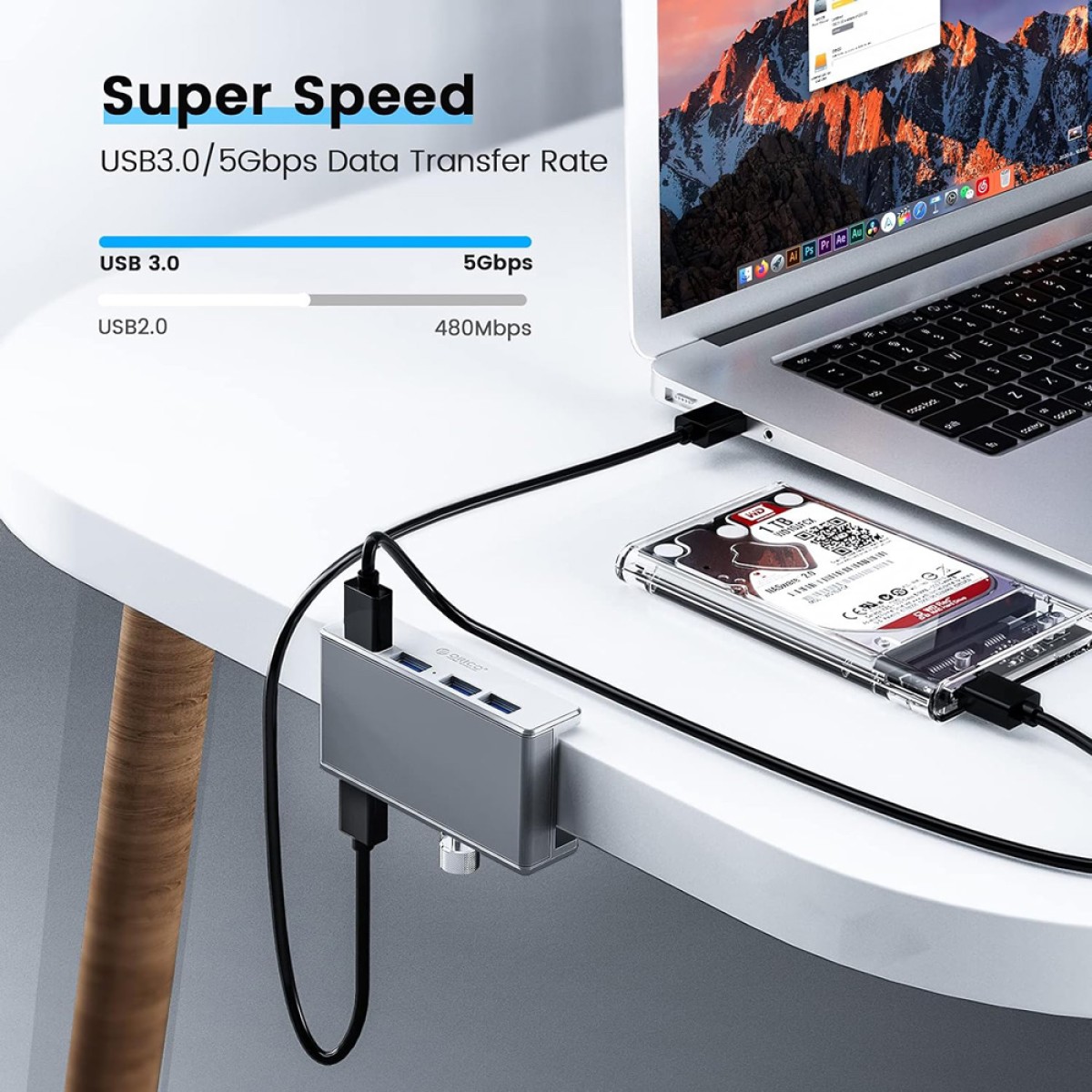 ORICO USB hub MH4PU-P με σφιγκτήρα, 4x θυρών, 5Gbps, USB σύνδεση, ασημί