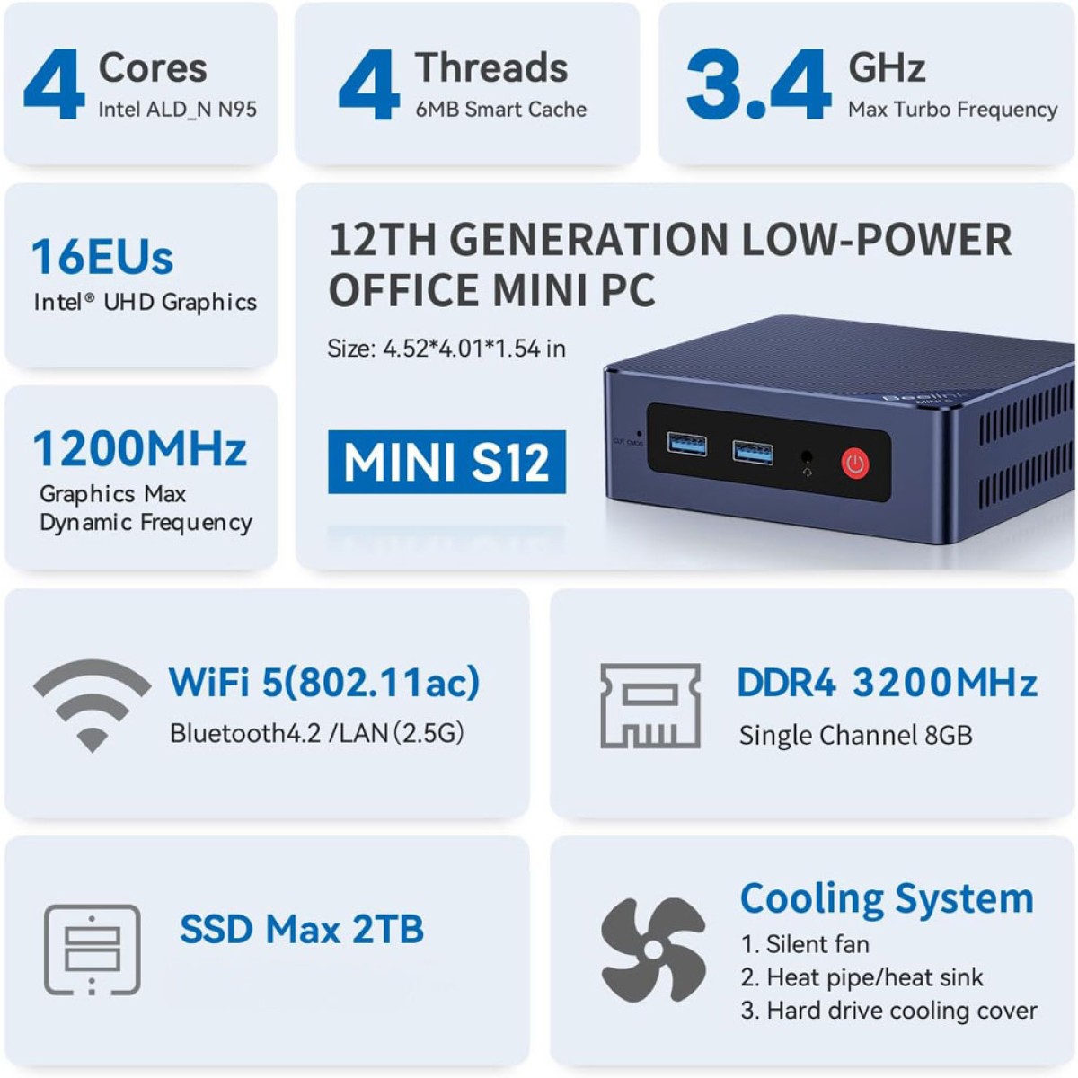 BEELINK mini PC Mini S12, Intel N95, 12GB, 480GB M.2, Windows 11 Pro