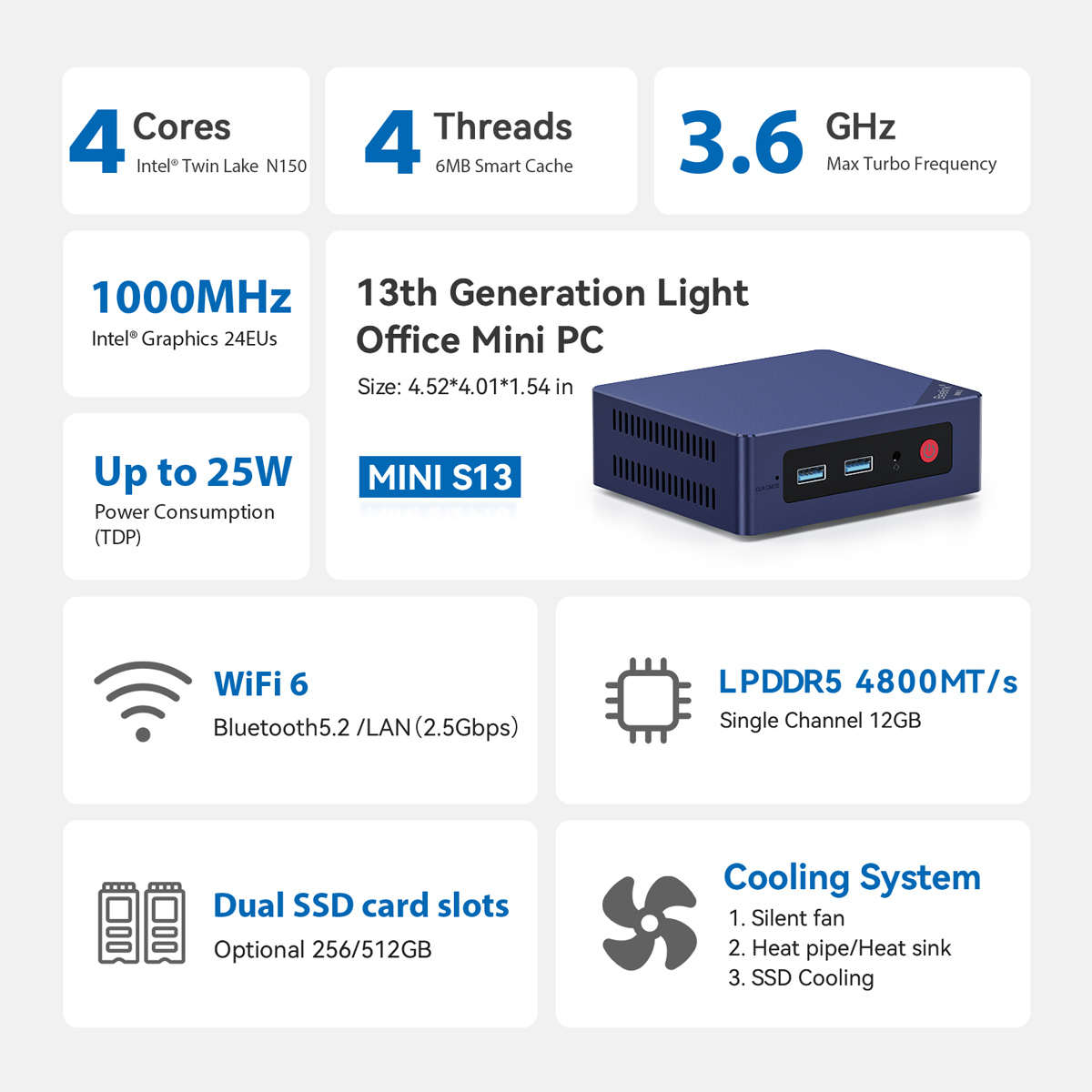 BEELINK mini PC Mini S13, Intel N150, 12GB, 512GB M.2, Windows 11 Pro