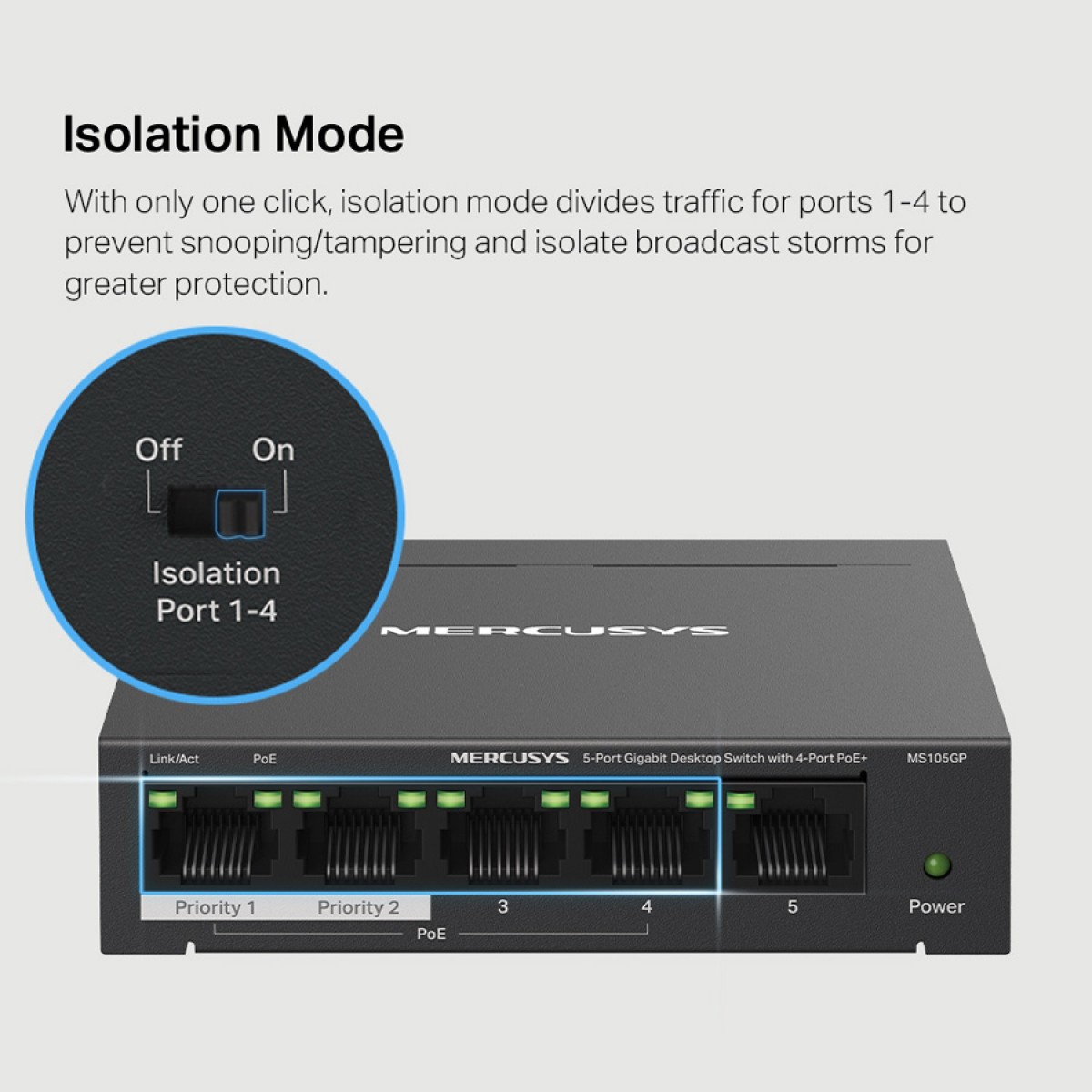 MERCUSYS Desktop Switch MS105GP, 5x 10/100/1000 Mbps, PoE+, V.3.0