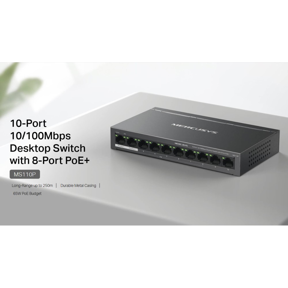 MERCUSYS desktop switch MS110P, 10x 10/100Mbps θύρες, PoE+, V1.0