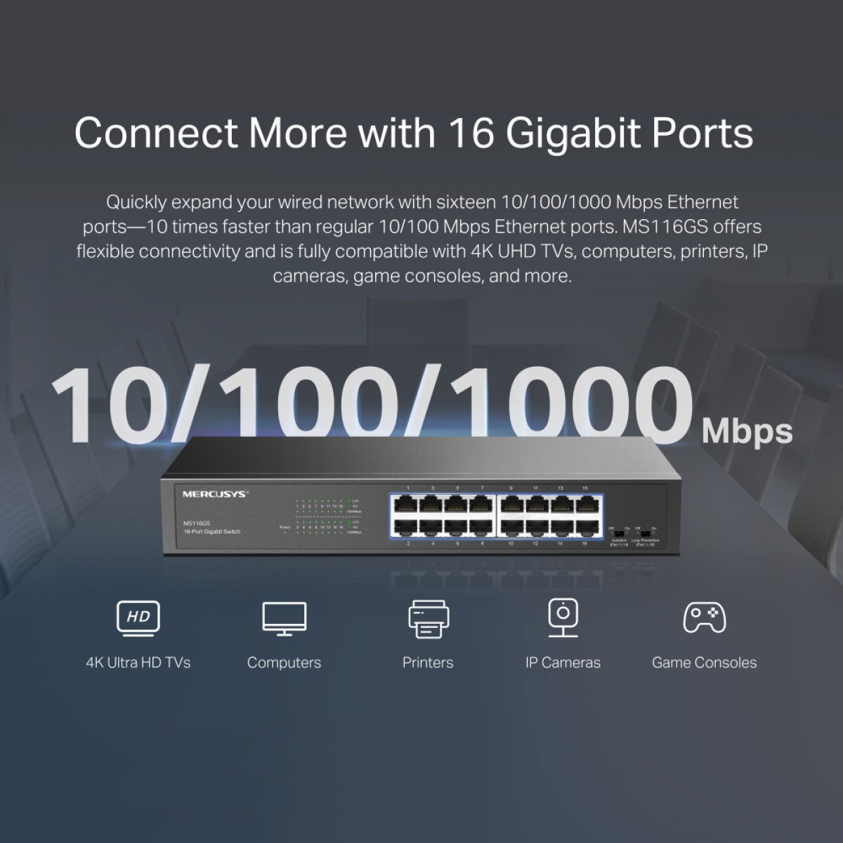 MERCUSYS desktop/rackmount switch MS116GS, 16x Gigabit θύρες, V1.0
