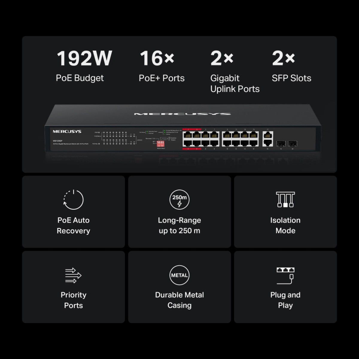 MERCUSYS rackmount switch MS120GP, 20x Gigabit θύρες, PoE+, V1.0